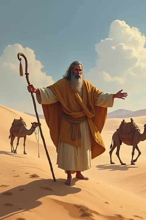 Moses in the desert with his back and with staff in his hand and with open arms and around him several camels 