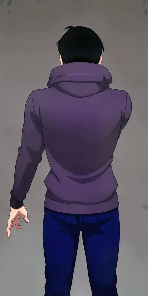 A young American man wearing a purple sweatshirt,  black hair, depressive (MICHAEL AFTON DE FNAF)