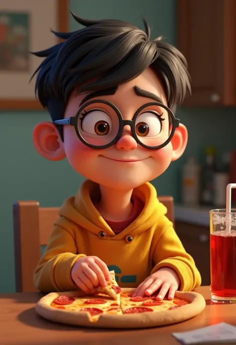  creates a Pixar character, disney,  14-year-old boy, use round eyes,  short hair, fatty, Nerd and put on glasses , eating pizza. And drinking soda .