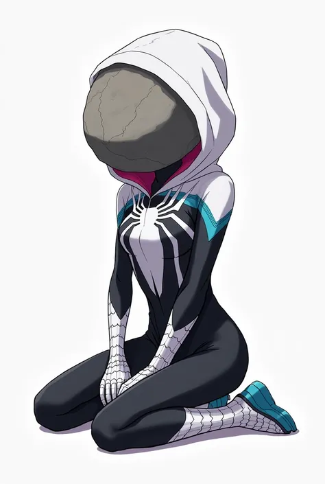 girl, anime, adolescent, Dressed as GwenStacy, His costume consists of a black suit with white areas that form a spider pattern ,  a white hood with a magenta inner lining with cyan net patterns , matching white and cyan designs on the upper arms and cyan ...