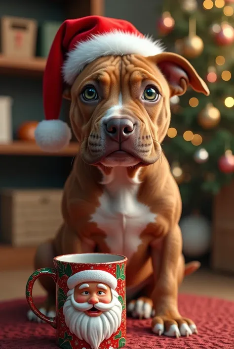 9-month-old pitbull dog with green eyes,  completely brown with white breast and Christmas hat and next to it a cup of Santa Claus, with background of house with Christmas tree 