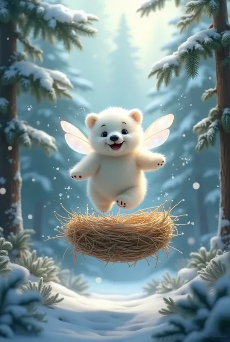 Create a cute and happy baby polar bear with transparent fairy wings flying over a straw nest in a cold forest.