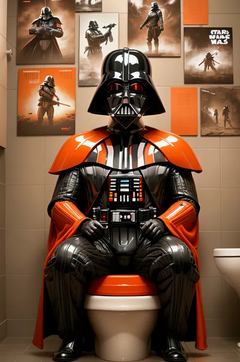 8K, Highly detailed high-resolution sepia-toned photograph of a multi-colored Darth Vader wearing completely different saturated colors and a bright orange helmet with white flowers and a multi-colored Imperial Stormtrooper sitting on dirty toilets with cr...