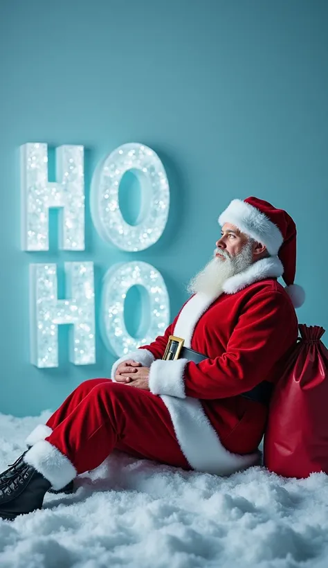      Next to a man wearing a Polish Santa suit with a hat ,   wearing a winter coat .   His face is almost invisible because the photo was taken from the side  . .       He is in a pose sitting lazily reclined      . But theres no chair     ,  So its float...