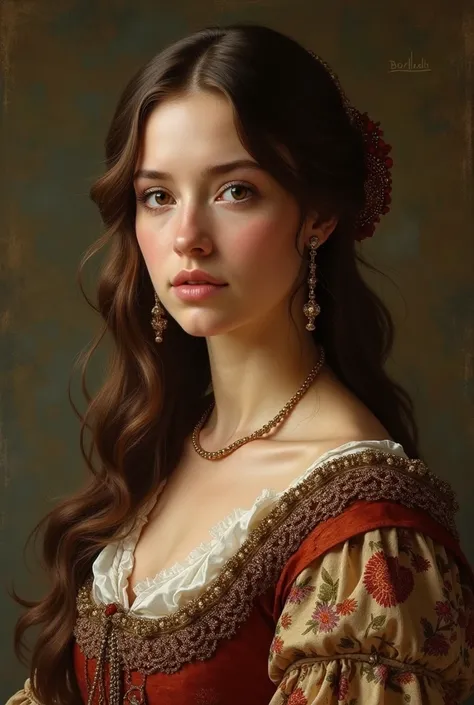 A real woman with brown eyes and wavy brown hair and medieval dress 