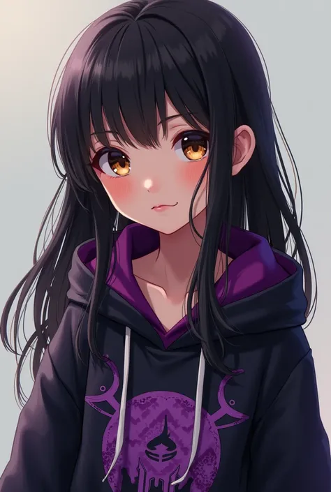 A Chilean girl with brown eyes and black hair wearing a 19-year-old anime-style black and purple hoodie 