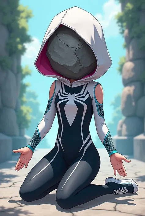 girl, anime, adolescent, Dressed as GwenStacy, His costume consists of a black suit with white areas that form a spider pattern ,  a white hood with a magenta inner lining with cyan net patterns , matching white and cyan designs on the upper arms and cyan ...