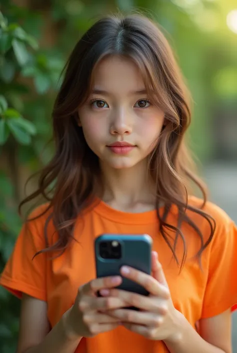 a girl holding a cellphone, orange t-shirt, beautiful detailed eyes, beautiful detailed lips, extremely detailed face and features, photorealistic, 8k, high quality, vivid colors, natural lighting, outdoor scenery, lush greenery, warm tones, portrait