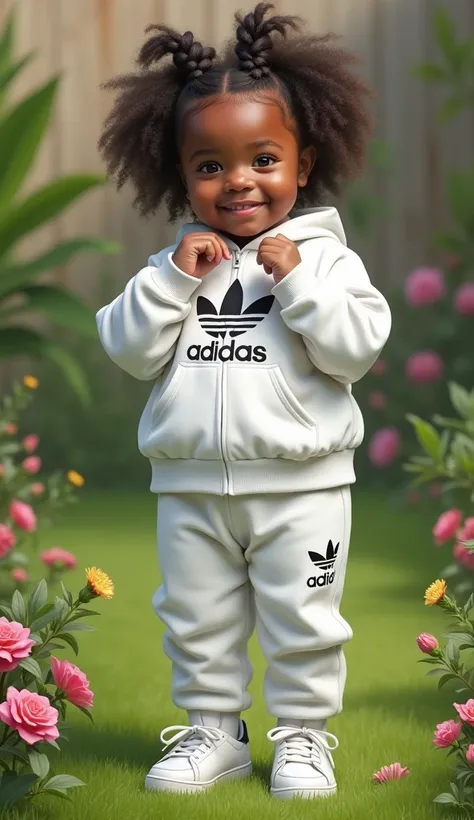  A hyper realistic oil-painted image of a smiling black baby , She is a chubby , standing dressed in a white high fashion designer sweatshirt set from Adidas .  the background is a verdant backyard with flowers .  looking directly at the camera . Adidas sn...