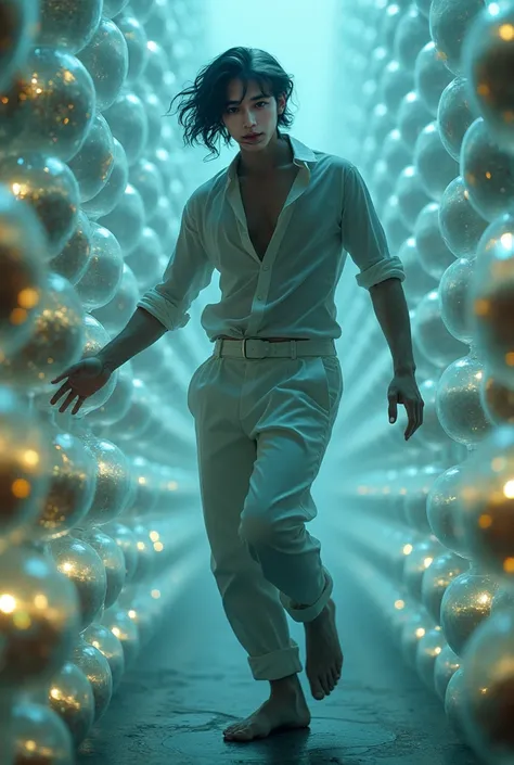 Handsome male, with black mix white hair, (The left eye is blue and the right eye is yellow 3.1 ) dancing, trapped in a never-ending stack of glowing, transparent capsules. Each capsule contains a clone of herself in various states of sleep, creating an ee...