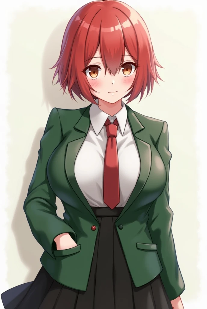  {{{ masterpiece, simple background}}}, {{{{{{{{bald, buzz cut}}}}}}}}, {{{red eyes, red hair, big breasts, green jacket, white shirt, red tie, black skirt, school uniform, upper body}}}, {{{natural light, HDR, simple details CG}}}, {light smile, lips},