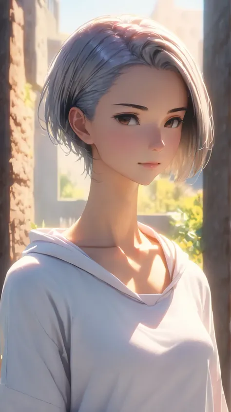 1gir, animation style, crisp details, tall, mature slim body, sharp focus, Perfect Anatomy, soft natural lighting, vibrant colors, (8k, best quality, masterpiece:1.5), short, slightly tousled light gray hair with a faint bluish tint, sleek and casual hairs...