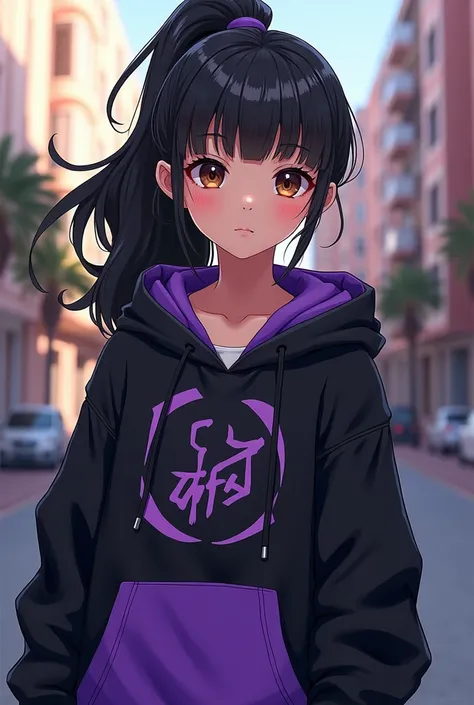 A Chilean girl with brown eyes and black hair wearing a 19-year-old anime-style black and purple hoodie with her hair tied