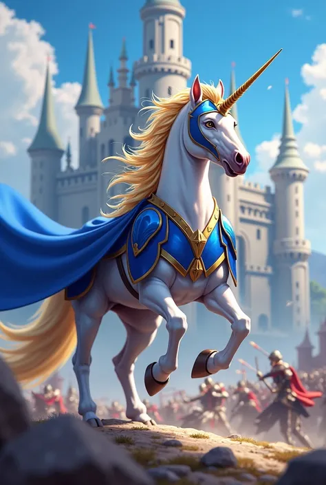 pony, sfw, anime, stallion, golden mane, white coat, Unicorn, Royal Guard, Blue armor, levitating sword, arrow in armor, fighting in background with a large castle.