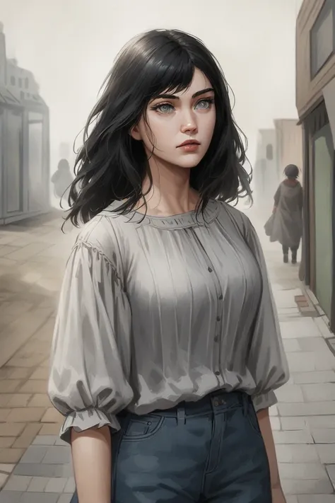 In a semi-realistic anime art style, a Caucasian woman with short black hair, grey eyes, wearing casual clothes including a blouse and jeans, standing outside on a sidewalk looking wary.