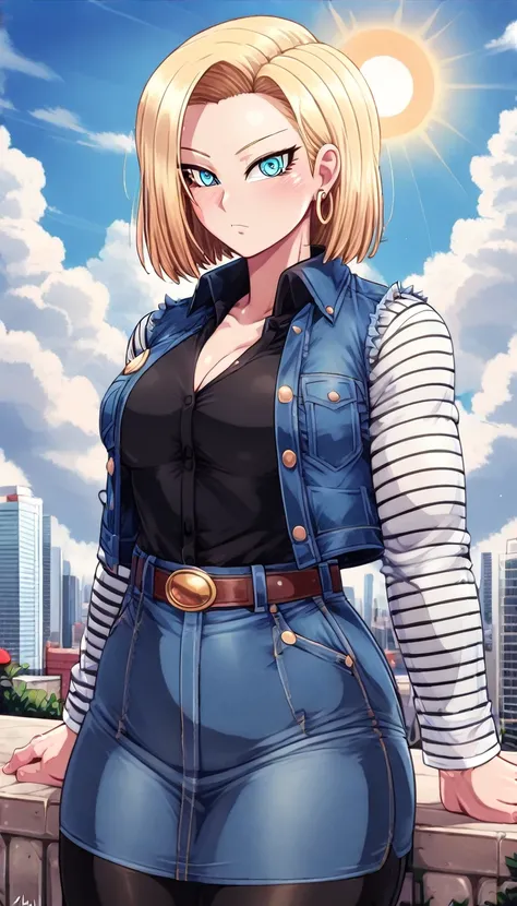 android 18, android 18, blonde hair, blue eyes, eyelash, hoop earrings, short hair, earrings, break belt, black legwear, black shirt, breast pocket, cleavage, clavicle, denim, denim skirt, high-waist skirt, jewelry, long sleeve, pocket, shirt, shirt tucked...