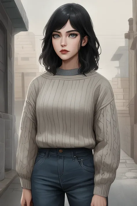 In a semi-realistic anime art style, a Caucasian woman with short black hair, grey eyes, wearing casual clothes including a sweater and jeans, standing outside on a sidewalk looking wary.