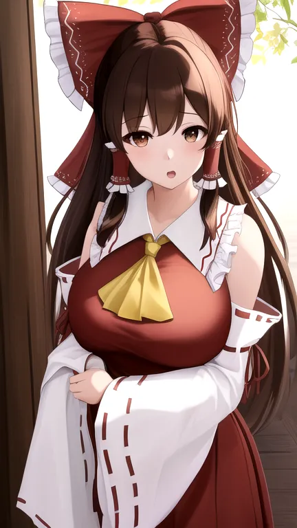 1 girl,reimu hakurei ,reimu hakurei, reimu hakurei, ( brown eyes :1.5), brown hair, hair tube,  long hair,  red ribbon ,  side l...