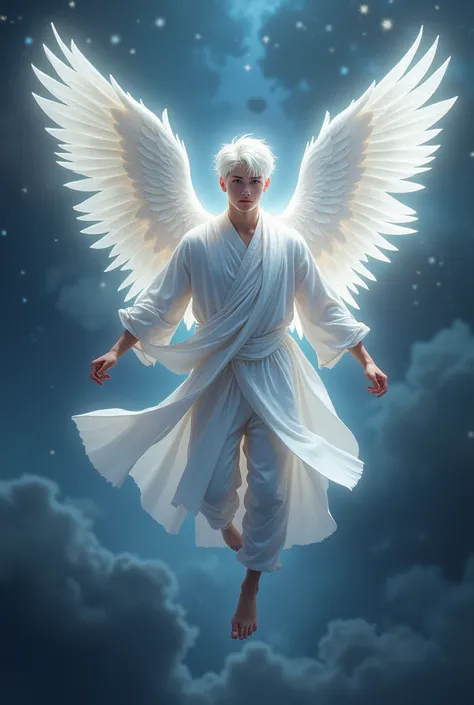 Male angel with white robes short hair and white skin flying in the universe 