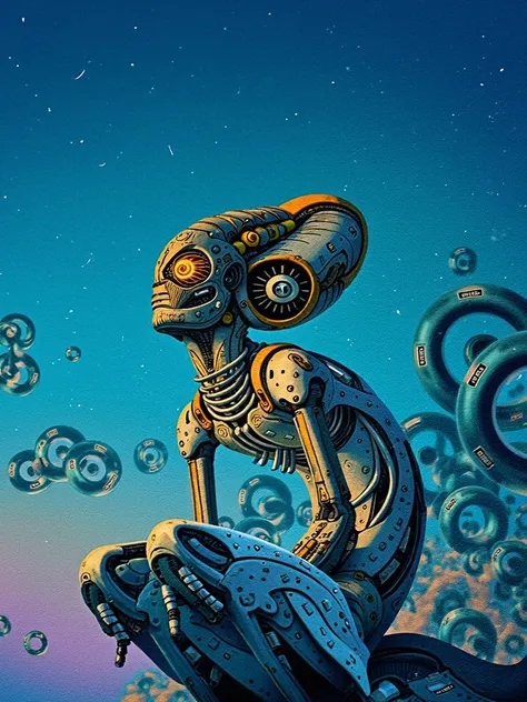 "Transform this image of a slender alien creature with a large head and pointed ears into a futuristic robot. Retain the floating molecular structures around it and the abstract background. Add mechanical elements such as metal, wires, and LED lights to gi...