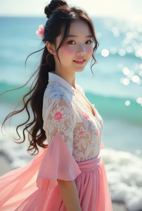 Beautiful Thai woman, cute smile, big eyes, beautiful and fresh, turn sideways to the sea, on the beach, facing the camera, long wavy hair, Korean style, half-up bun, left at the back, with a strand of hair in front, a large pink scarf covering the shoulde...