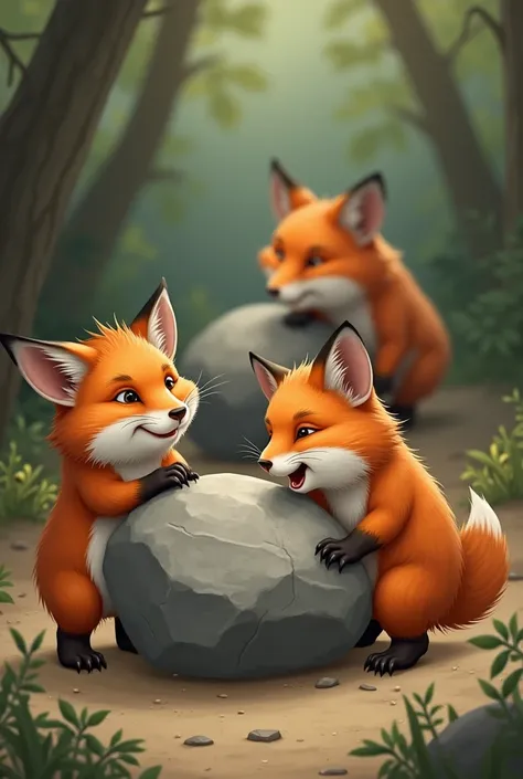 The guinea pig ,  with a cunning expression ,  convinces the fox to hold a rock while he "Look for a wedge ".  The fox pushes the rock with effort .