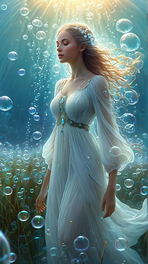 arafed woman in a white dress standing in a field of bubbles, jellyfish priestess, a stunning young ethereal figure, digital art fantasy, ethereal fantasy, fantasy digital art, beautiful fantasy art, digital art fantasy art, closeup fantasy with water magi...