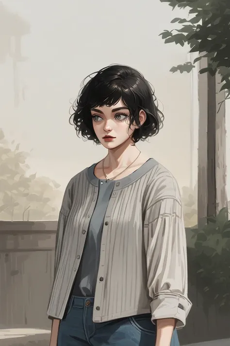 In a semi-realistic anime art style, a Caucasian woman with very short black hair, grey eyes, wearing casual clothes including a shirt and jeans, standing outside on a sunny sidewalk looking wary.