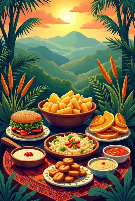 Poster with drawings of the gastronomic diversity of Colombia and the Wayuu culture, a message alluding to cultures 