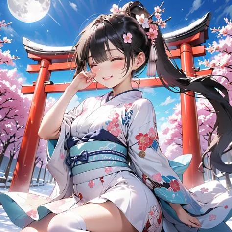 anime、One high school girl、Black Eye、wicked smile:1.5、blush、 black hair、(low ponytail:1.5)、(Small breasts:1.5),(white floral mini kimono:1.2)、 White Knee Socks、beautiful thighs,stand、(rubbing eyes:1.5)、shrine、torii、cherry blossoms、snow、moon、 full of stars、...