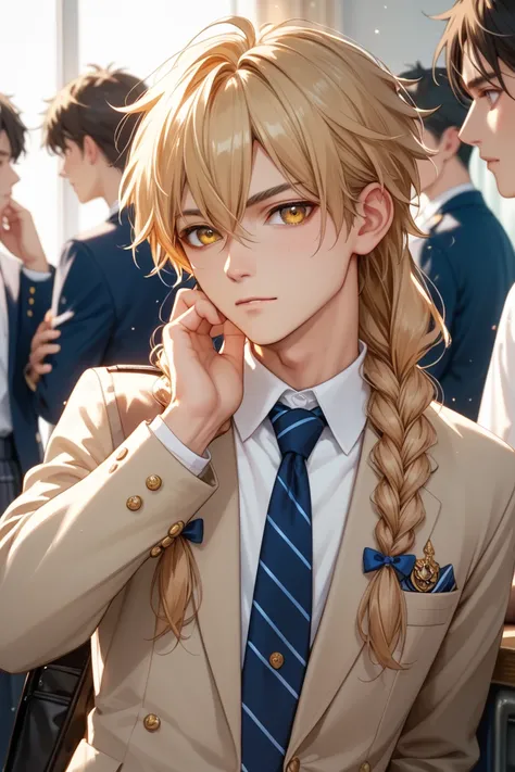  High School Boys、uniform、Slim body、Place your hand on your chin、 long hair、 braids 、 golden eyes、 anime style、High image quality