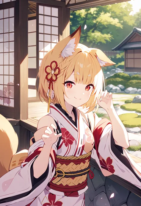 best quality、 very cute 、細身の体、 very small breasts、fox ears and tail、red eyes、yellow hair, hair that flutters like the wind、old s...