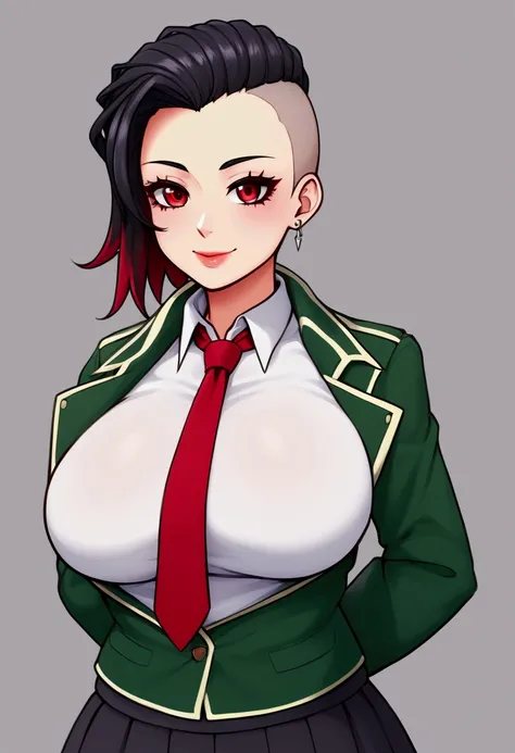  {{{ masterpiece, simple background}}}, {{{{{{{{mohawk}}}}}}}}, {{{red eyes, big breasts, green jacket, white shirt, red tie, black skirt, school uniform, upper body}}}, {{{natural light, HDR, simple details CG}}}, {light smile, lips},