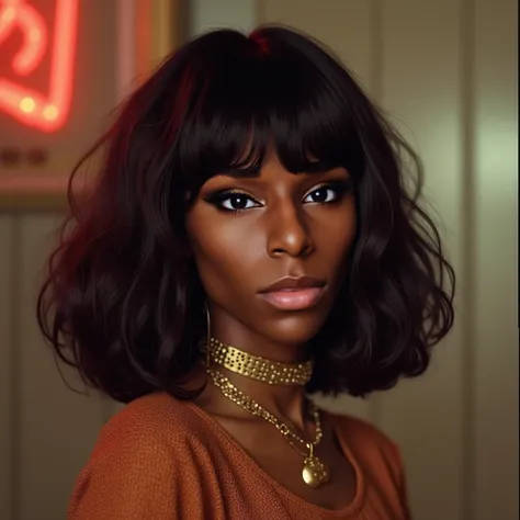 profile of a 25-year-old black woman in the 70s. she wears a messy and cool straight wig. she is stunning 