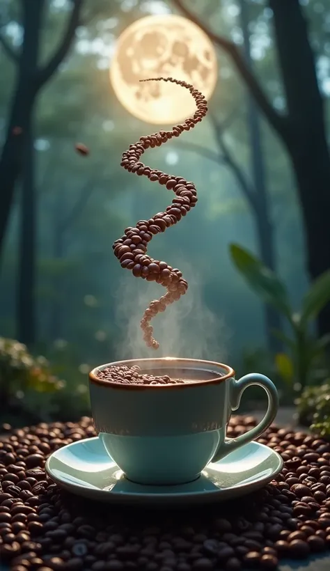 The image shows a coffee cup in the foreground, placed on a saucer surrounded by coffee beans. The cup is steaming and full of coffee. In the background, a magical scene unfolds: a forest with tall trees and dense leaves, under the moonlight. What makes th...