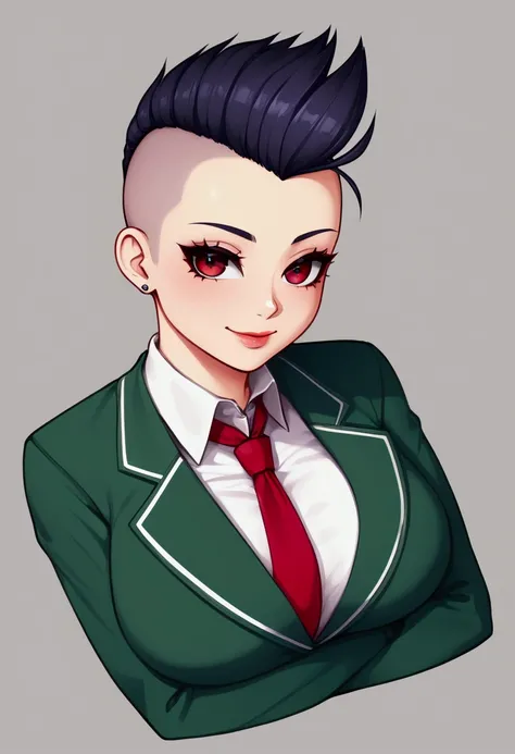  {{{ masterpiece, simple background}}}, {{{{{{{{mohawk, shaved sides}}}}}}}}, {{{red eyes, big breasts, green jacket, white shirt, red tie, black skirt, school uniform, upper body}}}, {{{natural light, HDR, simple details CG}}}, {light smile, lips},