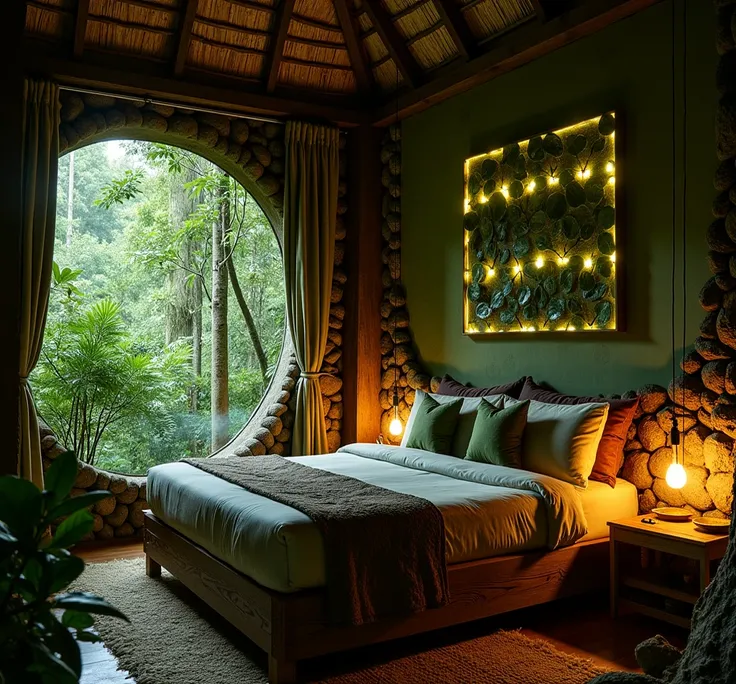  The Curupira Dormitory is a rustic and protectionist place ,  designed for those who have a connection with the forest and the spirit of the trees.  With shades of dark green and natural wood ,  the bedroom has a design style inspired by the roots ,  leav...