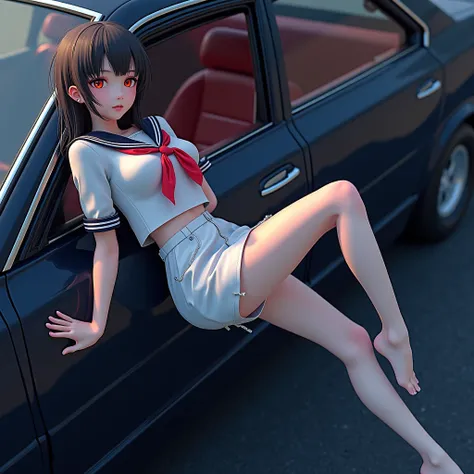 Realistic, Live-Action, (XLabs F.1 Realism LoRA V1), ExtremeAngle, ExtremelyDetailed JK Lying  on the Car,  Spread Knees Up, Haunting Beautiful Reflective Eyes, Coronet, Delicate Clothing textures, Sailor Uniform with Red Ribbon, WhitePanties, corrected le...