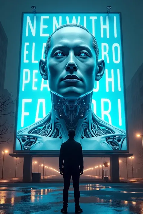 Elon Musk standing in front of huge billboard of Humanoid Male Robot with Elons face and words in neon blue that reads that are coming out of the house D.O.G.E.