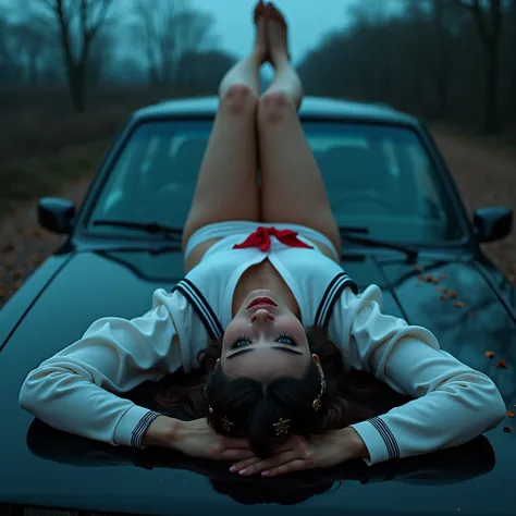 Realistic, Live-Action, (XLabs F.1 Realism LoRA V1), ExtremeAngle, ExtremelyDetailed JK Lying  on the Car,  Spread Knees Up, Haunting Beautiful Reflective Eyes, Coronet, Delicate Clothing textures, Sailor Uniform with Red Ribbon, WhitePanties, corrected le...