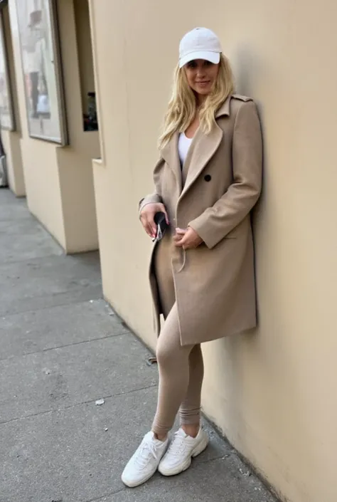 A photo of an elegant blonde woman in leggings and sneakers, wearing a white cap hat, holding a phone while leaning against a wall outside on a city street, with a beige aesthetic, fashion photography in the style of a minimalistic aesthetic, with a neutra...