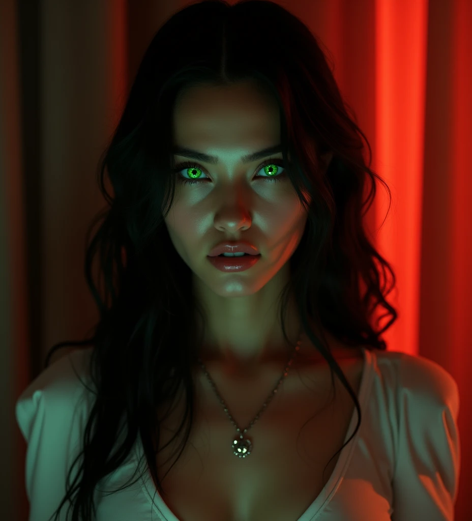  Hyperrealism portrait of a woman with long black hair,  glowing eyes  (they can be electric green ),  warm and dramatic lighting with red tones ,  dressed in an elegant white top with a deep neckline .  Dark environment with curtains in the background ,  ...