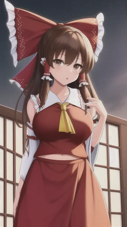 1 girl,reimu hakurei ,reimu hakurei, reimu hakurei, ( brown eyes :1.5), brown hair, hair tube,  long hair,  red ribbon ,  side l...