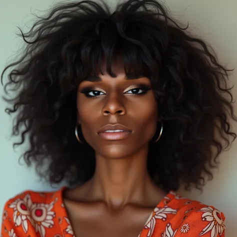 profile of a 25-year-old black woman in the 70s. she wears a messy and cool straight wig. she is stunning and cute