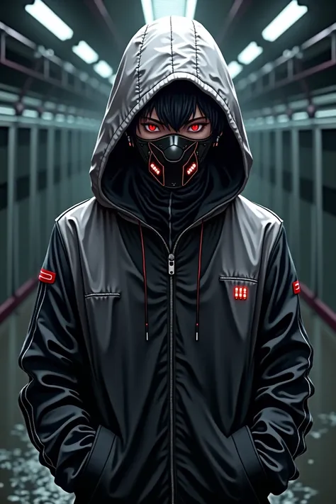 Anime boy in a black and white hoodie with hood up and tech assassin mask