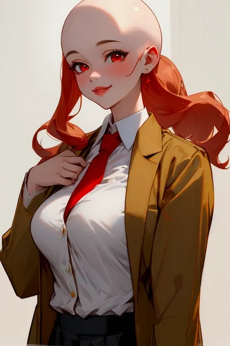  {{{ masterpiece, simple background}}}, {{{{{{{{bald}}}}}}}}, {{{red eyes, big breasts, green jacket, white shirt, red tie, black skirt, school uniform, upper body}}}, {{{natural light, HDR, simple details CG}}}, {light smile, lips},