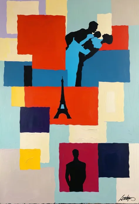 An abstract modern painting of the Eiffel tower , streets of Paris, famous places in Paris on different parts of the artwork, Paris, museums, intertwined in a tender, emotional embrace. , The composition features bold, vibrant colors, including deep yellow...