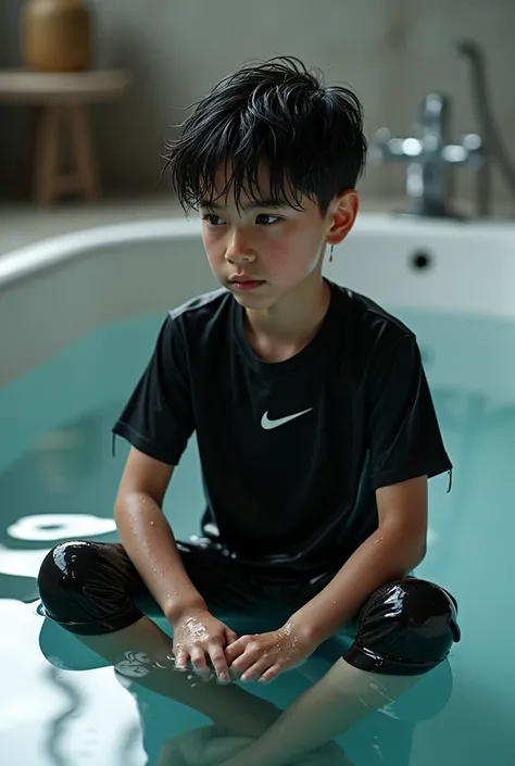 Boy, with black T-Shirt, long pants, from Nike, in the with water filled big Bathub, soaking wet clothes, water dripping from his Clothes and Hair, sitting water