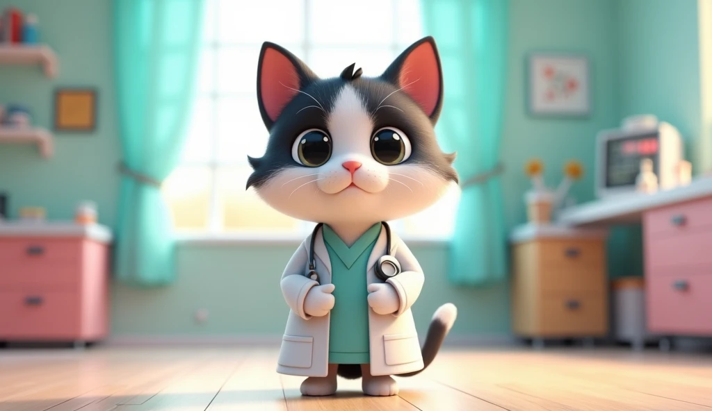 Create a cute 3d cartoon style doctor white and black cat standing 