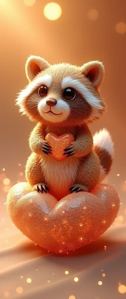 A 3D render of an anime-style glass sculpture of a smiling, extra fluffy baby raccoon with a heart-shaped belly. The raccoon is made of a shiny, shimmering sandy substance with a million tiny rhinestones in multiple shades of golden brown and red brown. Th...